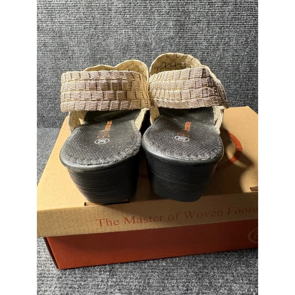 Bernie Mev Braided Level Light Gold Black Woven Wedge‎ Sandals Womens 6 36